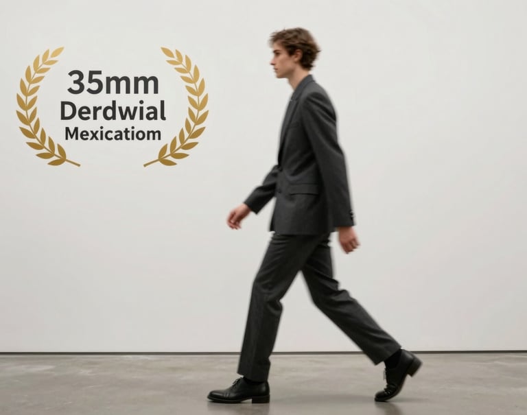 A sophisticated action photograph with a slight motion blur, capturing a model in a dark charcoal ensemble moving through a mist white gallery space. The style is professional and immersive.