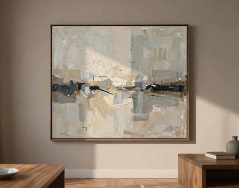 A minimalist interior of a North American living space featuring a large framed abstract painting on a soft taupe wall. The painting uses a palette of warm grey and cream. Simple, contemporary wooden furniture is visible in the foreground under soft evening light.
