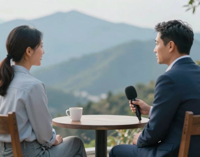 A professional journalistic photo of an interview between a journalist and a local community leader. They are seated in a rustic setting with mountains in the distance. The lighting is natural and soft. The color palette incorporates #607D8B and #B0BEC5 for a calm, trustworthy atmosphere.