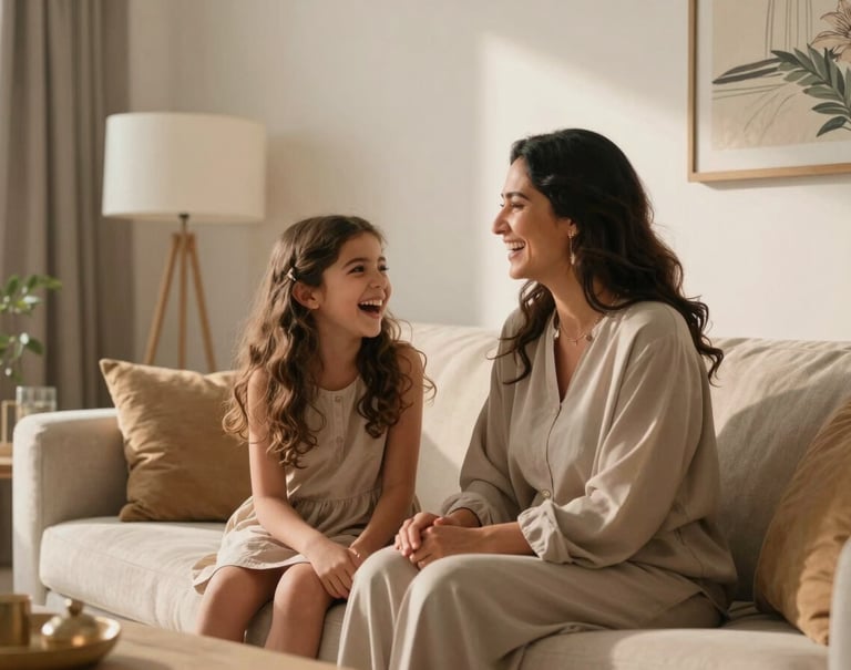 A lifestyle shot of a mother and daughter sharing a genuine moment of laughter inside a sun-drenched living room with modern Middle Eastern / Gulf decor. Soft off-white walls and tan textiles. Cinematic lighting and warm atmosphere.