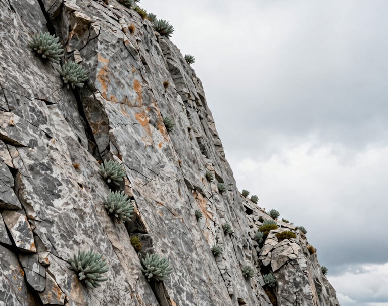 Photography of a rugged limestone cliff in the North American Rockies, with small sage green plants clinging to the rock face, diffused cloudy light, clean and modern aesthetic.