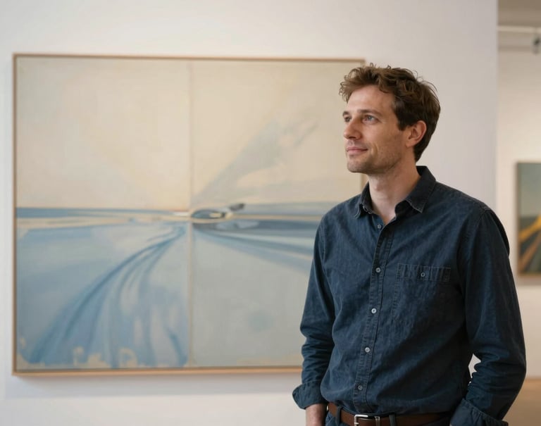 A portrait of a creative professional in a modern European / French gallery, standing thoughtfully before a large canvas. Natural light emphasizes a refined and welcoming atmosphere, using an ivory and steel blue palette.
