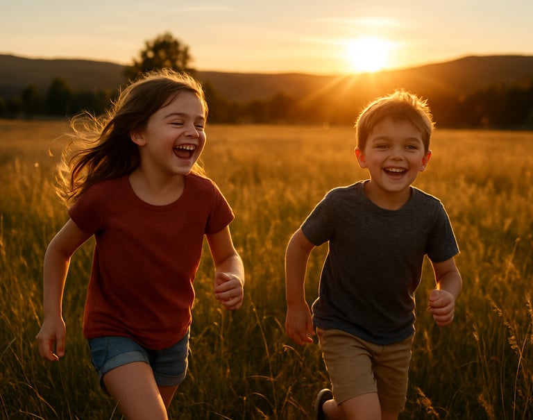 Two children laughing and running through a field in a North American landscape at sunset, warm sunbeams and light flares, authentic lifestyle photography.