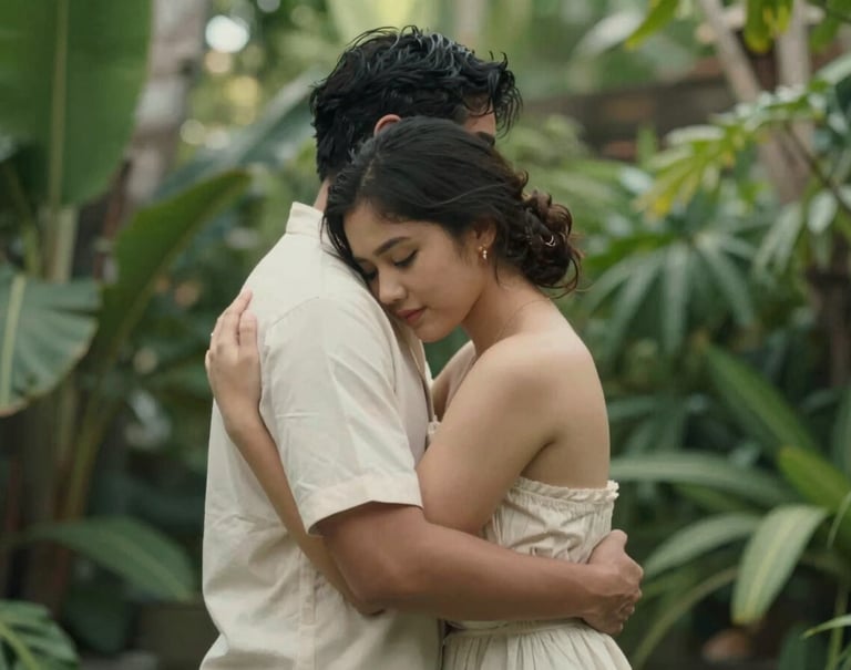 A couple sharing a quiet, intimate embrace in a lush Bali garden. Heartfelt elegance, timeless artful memory. Soft sunlight filtering through. Highlights of dark green (#2A362B), muted green (#5F705B), warm beige (#C7B7A3), and off-white (#F7F3EE).
