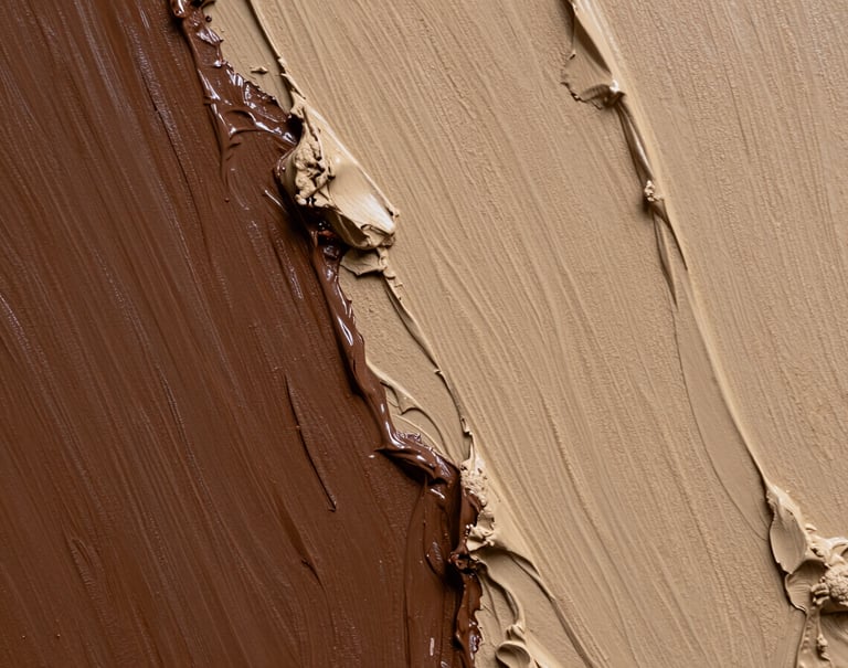 Detailed close-up of a painting where deep brown acrylic paint meets sandy beige molding paste. The texture is rough and organic, resembling weathered stone or natural clay.