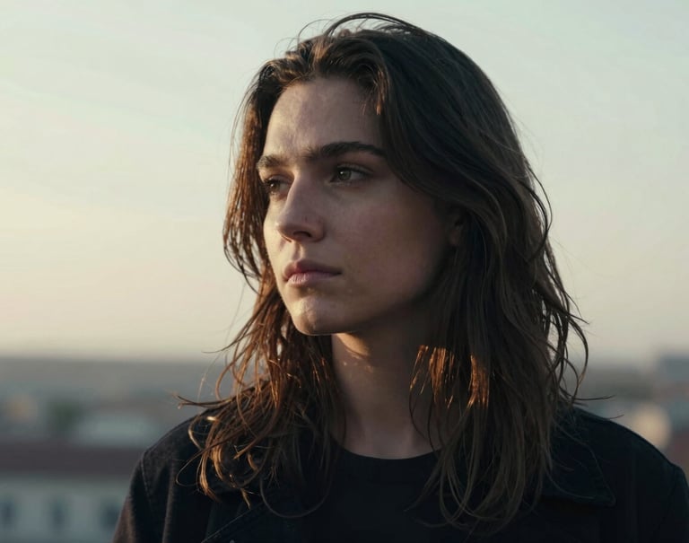 A vertical portrait of a person in a reflective mood, captured in the soft morning light of Brest. The palette is dominated by dark charcoal and soft off-white, emphasizing a refined and calm atmosphere.