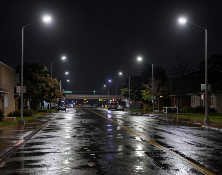 A sleek, dark North American / US urban landscape at night, captured with anamorphic flares and soft off-white streetlights reflecting on wet pavement.