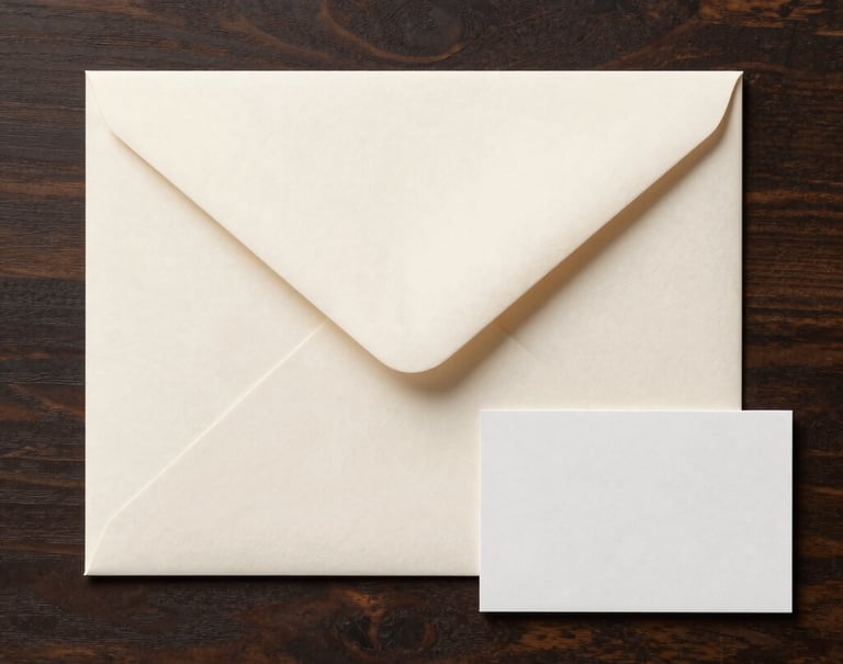 Top-down view of a minimalist off-white envelope and a small card on a dark wooden table, European professional stationery style, clean lines.