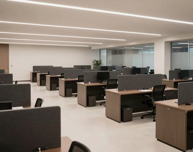 A wide-angle interior photograph of an open-plan office in Brazil. The space features clean charcoal partitions, taupe furniture, and off-white flooring. The atmosphere is quiet, productive, and contemporary.