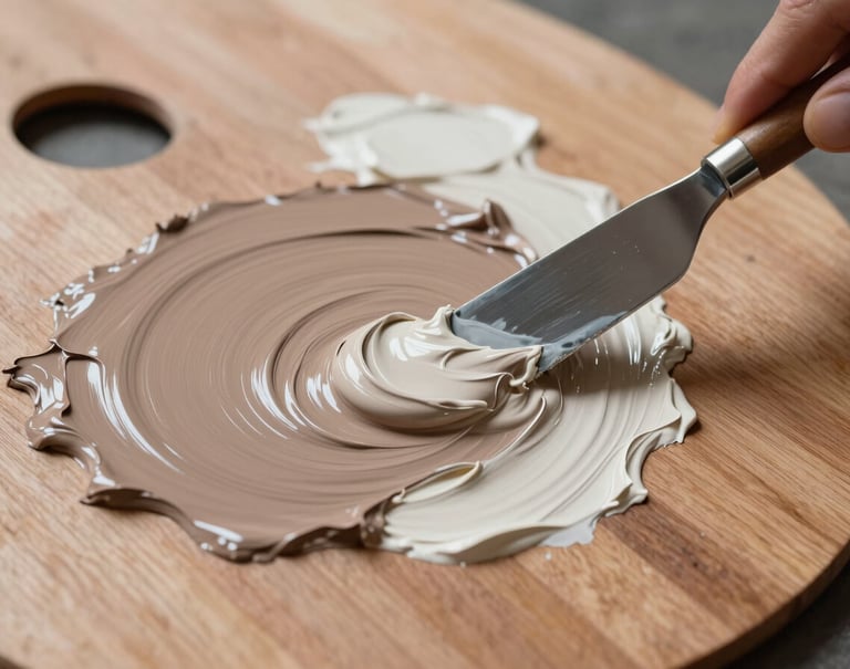 Macro photography of an artist's wooden palette. Patches of fresh oil paint in warm taupe and soft off-white are being mixed with a palette knife. The texture is creamy and rich, reflecting the soulful and organic elegance of the brand.