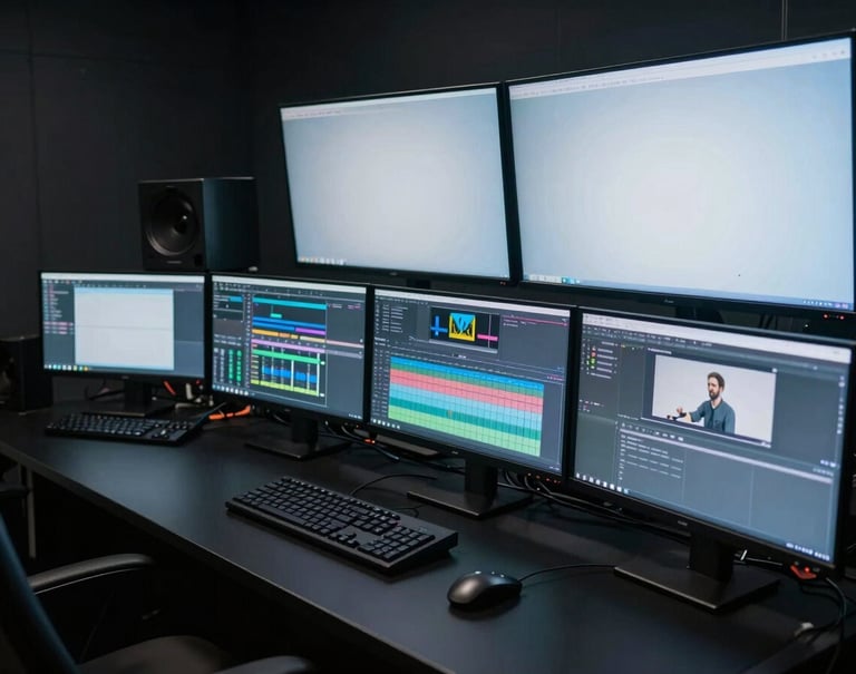 A wide shot of a professional editing suite in a dark room. Multiple monitors glow with polar mist light, reflecting off obsidian black surfaces. The vibe is sophisticated and professional.