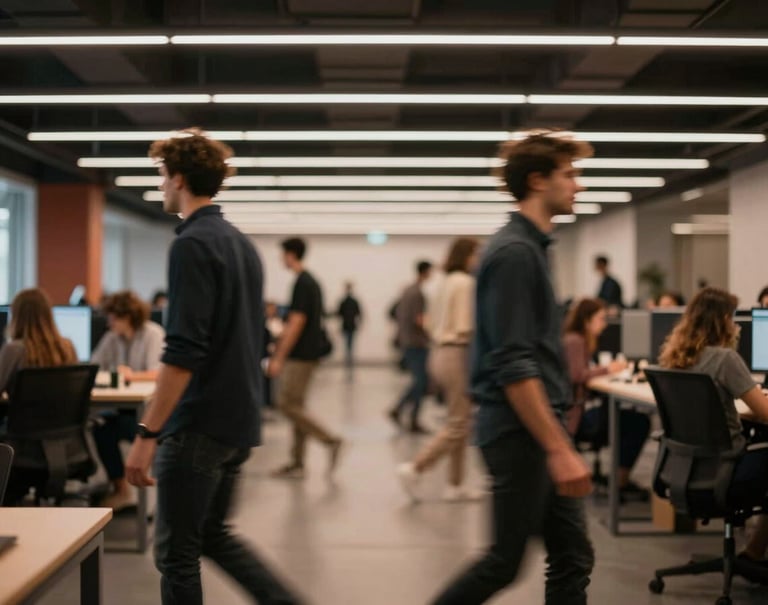 Dynamic motion blur shot of people moving through a workspace. High energy, dark tones with rust-colored (#C1674E) light streaks. Irreverent and modern feel.