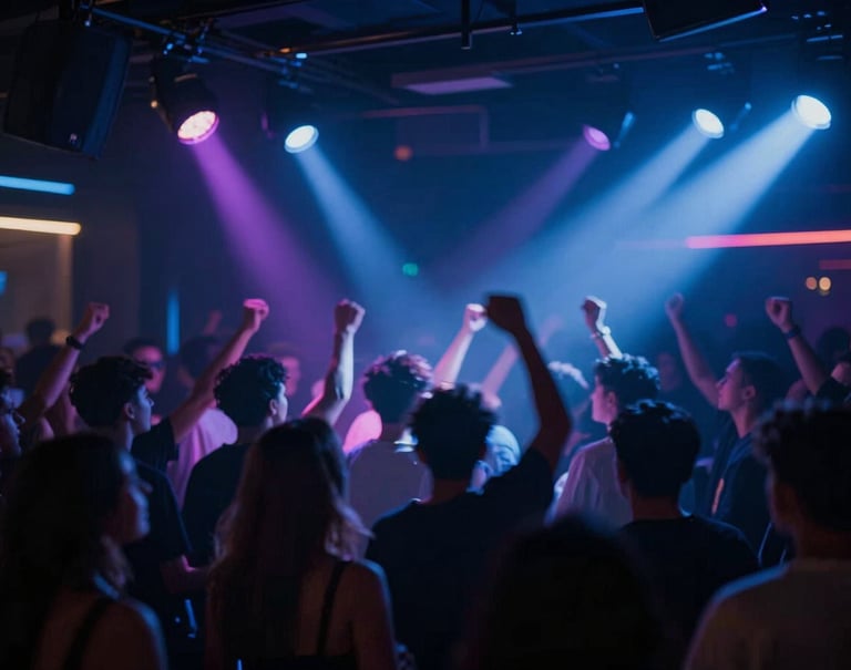 A long exposure shot of a vibrant nightclub dancefloor. Streaks of #7A7CF1 and #E0E0EB light create a sense of high motion and electrifying energy. Sophisticated dark nightlife vibe.