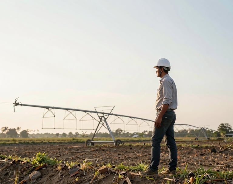 A professional civil engineer in a white hard hat standing beside a modern irrigation structure in a rural Indonesian setting. The composition is clean with plenty of white space, captured during the golden hour with soft, elegant lighting.