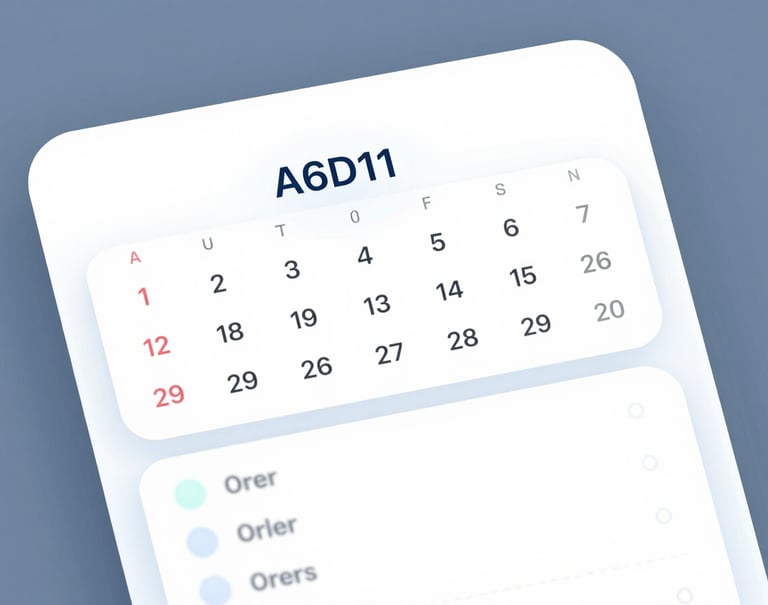 A close-up view of a clean, modern UI interface showing a calendar and order list with soft rounded corners and pastel accents in #A6D1FF. High clarity and efficient design.