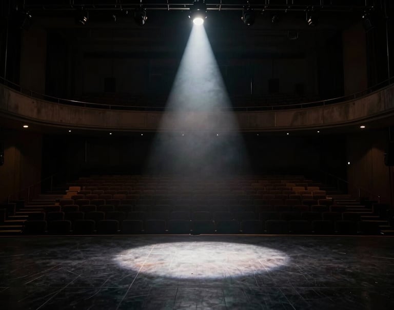 A powerful, moody photograph of an empty auditorium stage in a North American music venue. A single crisp spotlight cuts through a faint haze, hitting the floor. The composition uses deep black shadows and charcoal tones to evoke an emotionally powerful, cinematic mood.