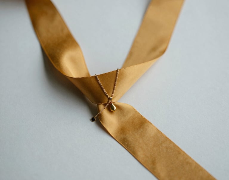 An artistic close-up of a bride's wedding accessories, including delicate gold jewelry and a mustard yellow silk ribbon. Shot against a light grey professional studio backdrop. Minimalist and elegant composition.