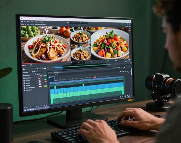 A professional visual creator's hands working on a video editing suite, the screen showing a vibrant food montage, moody studio lighting in a modern Middle Eastern creative space, forest green and silver tones.