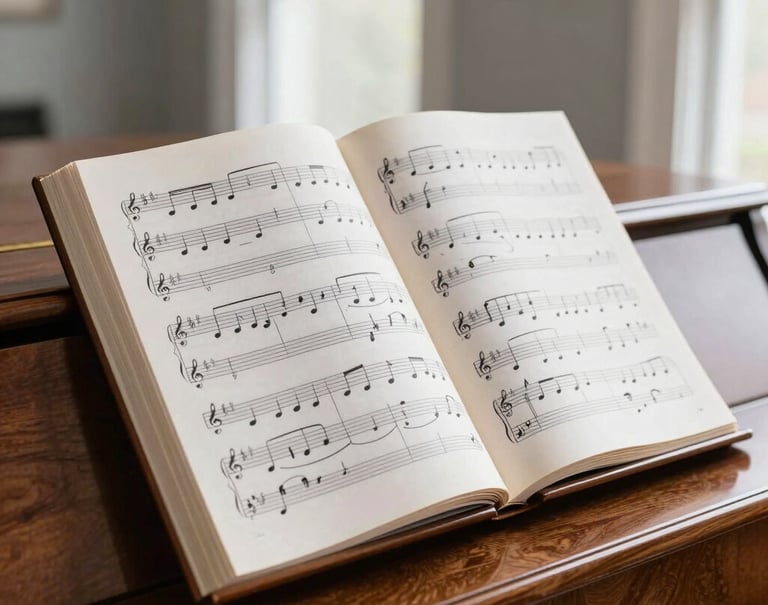 A refined, minimalist photograph of an open musical score on a wooden piano stand. The sheet music is crisp and white, with the surrounding room in soft gray tones. Natural light from a window in a North American / US residence.
