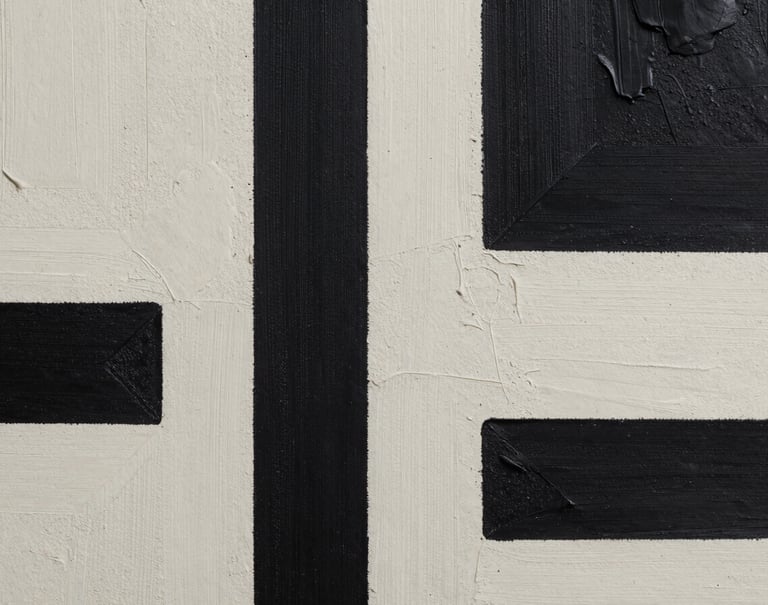 Abstract contemporary artwork detail showing layers of off-white and rich black pigments. The texture is tactile and sophisticated, resembling industrial concrete. Captured in a modern Latinoamericano / Español artist's studio.