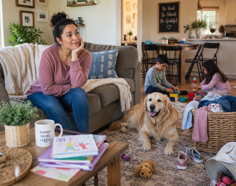 A mother sitting on a couch in a living room with her golden retriever dog and children playing.
