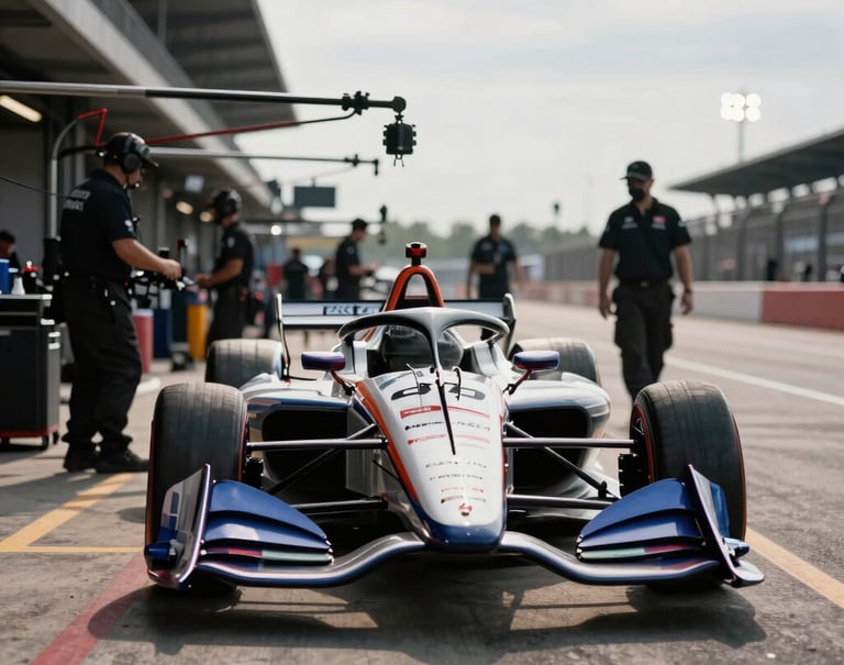 An atmospheric shot of an IndyCar pit lane in the North American / US afternoon. Mechanics are seen in the background as silhouettes against the bright track light. Professional, clean composition with a focus on the gritty environment of elite motorsport.