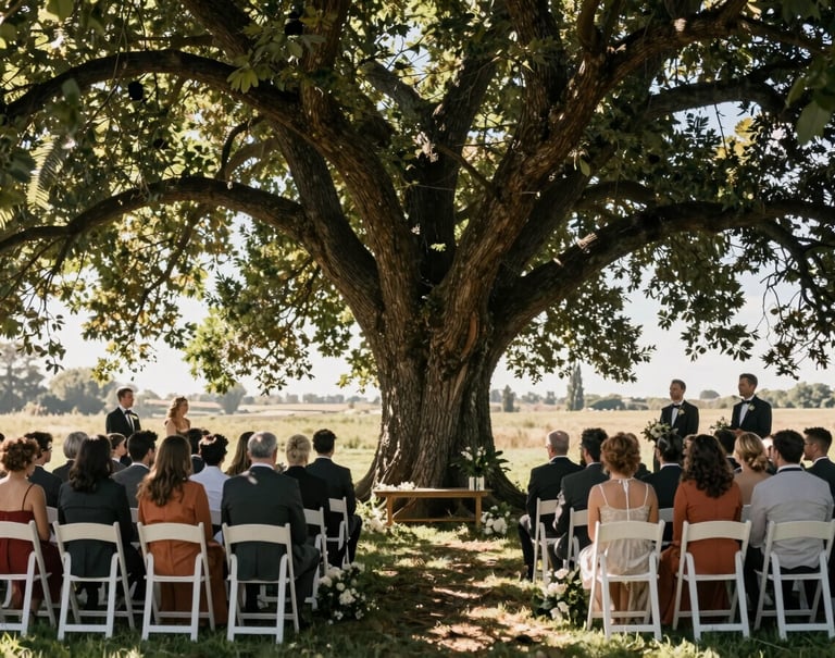 A wide, cinematic shot of an outdoor wedding ceremony under a large tree, sunbeams filtering through leaves, guests in charcoal and terracotta clothing.