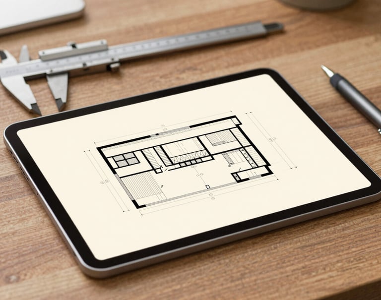 A technical architectural drawing or section plan displayed on a modern tablet lying on a wooden desk. Beside it, a set of precision calipers and a fine-liner pen. The drawing shows clean black lines on a light beige background. Professional, focused, and elegant aesthetic.