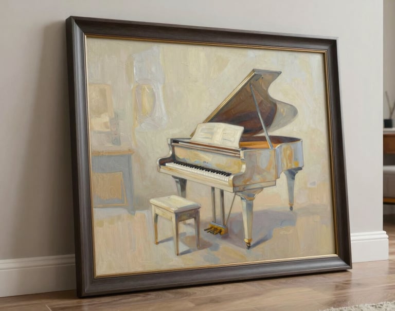 An elegant photograph of a finished oil painting in a slim warm charcoal frame. The art depicts a serene, abstract piano motif using sophisticated shades of alabaster and sand, leaning against a neutral-toned wall in a well-lit North American home.