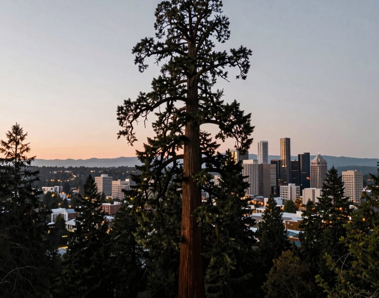 An aerial perspective of a Giant Sequoia at sunset in the urban Pacific Northwest. The sky is a pale slate gray, and the tree's majestic silhouette stands tall against the soft, distant lights of the Eugene city skyline. Professional, serene photography.