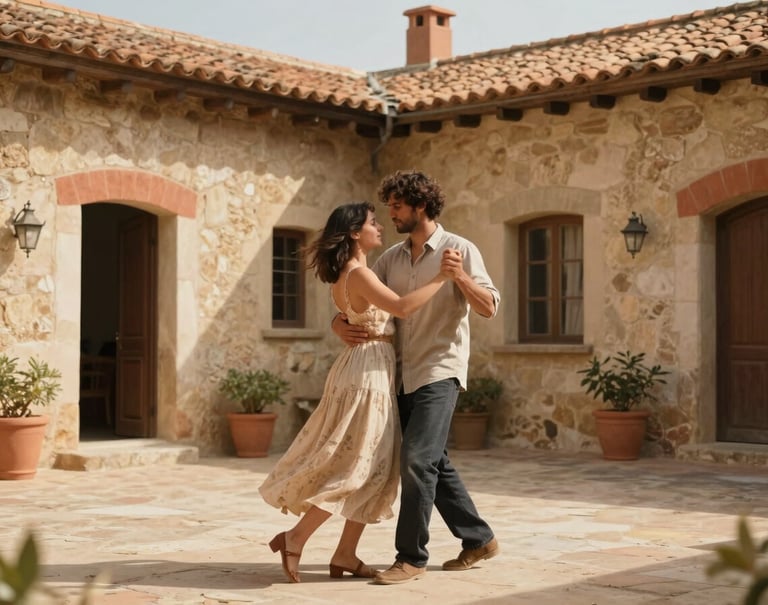 Candid moment of a couple dancing in a rustic stone courtyard in France, soft sand-colored walls, warm terracotta accents, genuine emotion, sun-drenched cinematic style.