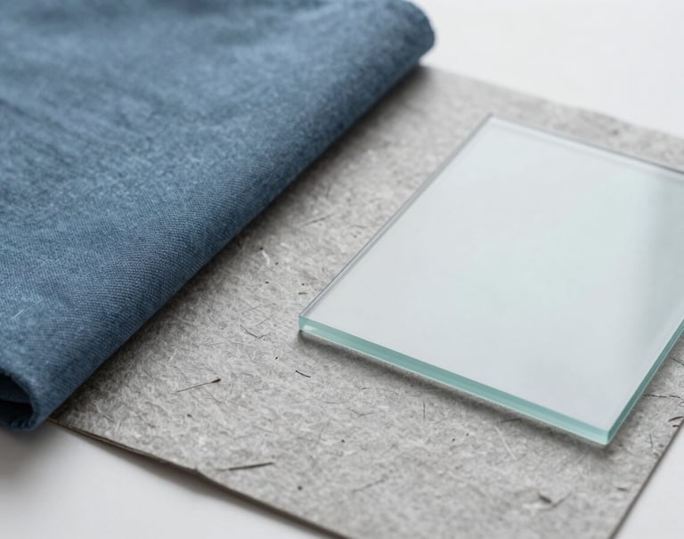 A flat lay of the brand's material palette: a swatch of muted blue fabric, a piece of recycled grey paper, and a sample of frosted glass. The composition is artistic and minimalist, showing the meticulous selection of brand touchpoints.