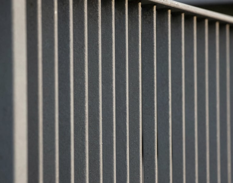 Detail shot of rhythmic vertical steel bars in a slate grey finish, forming a clean-lined railing for a mezzanine. The lighting is soft and natural, emphasizing the 'warm minimalism' aesthetic.