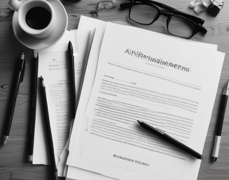 A creative workspace with legal documents, art supplies, and a laptop.