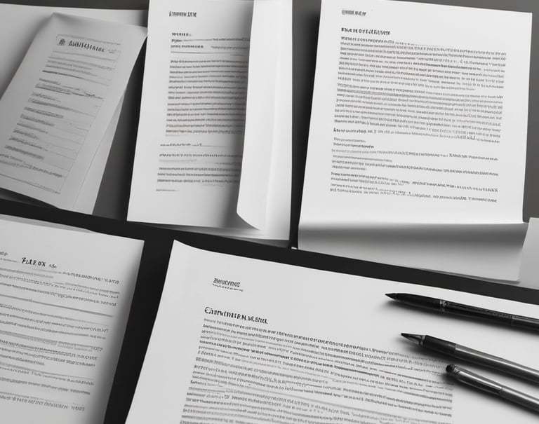 A creative workspace with legal documents, art supplies, and a laptop.