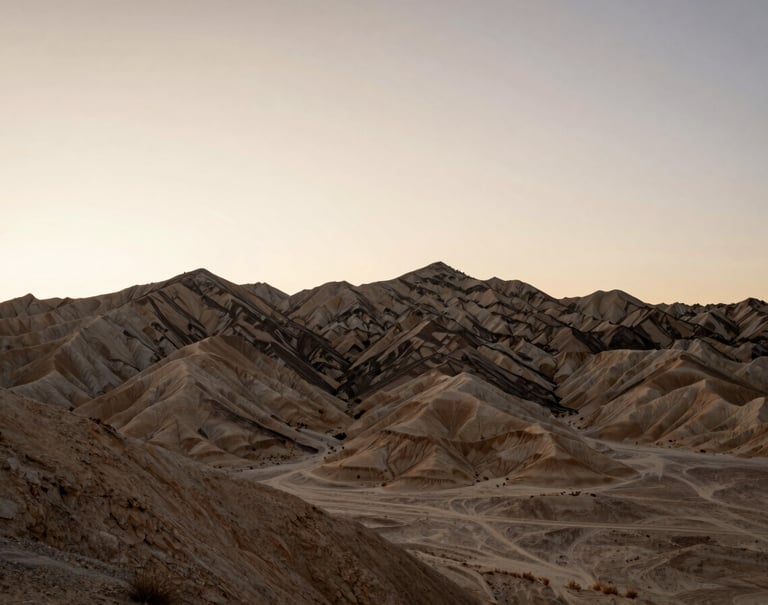 Landscape photography of a desert ridge at dusk in Northeast Nevada. The sky is a gradient of off-white and sand beige. The silhouette of the ridge is sharp, conveying the rugged beauty and immense potential of the land.