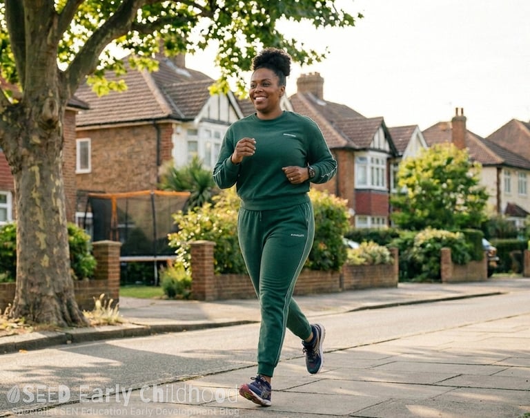  Mother in a tracksuit runs around down her road.