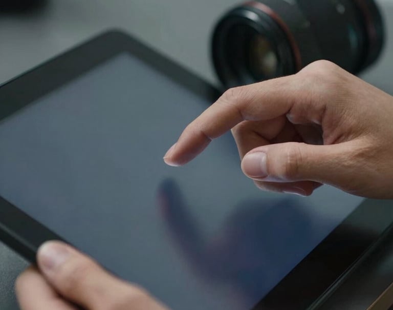 A close-up photograph of a professional using a sleek touch-screen interface, focusing on the refined hand movement, soft lighting with shades of midnight blue and grey.