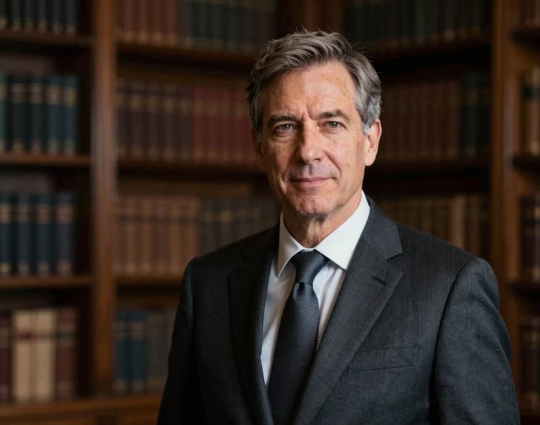 A medium shot of Frank Artus in a tailored suit, exuding authority and artistic depth. The background is a blurred library with dark wood tones (#1A1C20), and the overall mood is one of sophisticated professionalism.