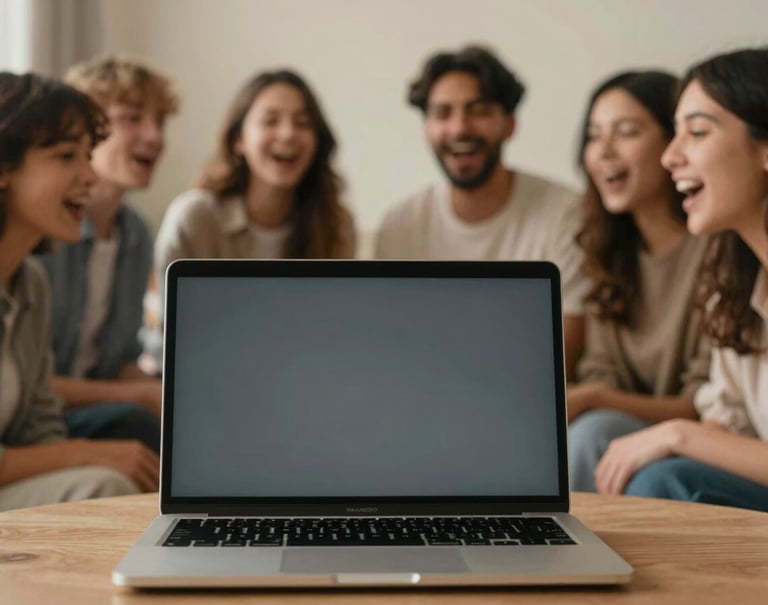 A hand-held, slightly motion-blurred photo of a group of friends singing together around a laptop, reflecting a dark slate grey screen light in a cozy beige environment.