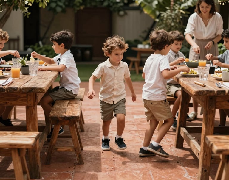 Candid shot of children playing between rustic wooden tables at a wedding party. Soft charcoal shadows and warm terracotta light. Spontaneous movement, authentic joy, European garden setting.
