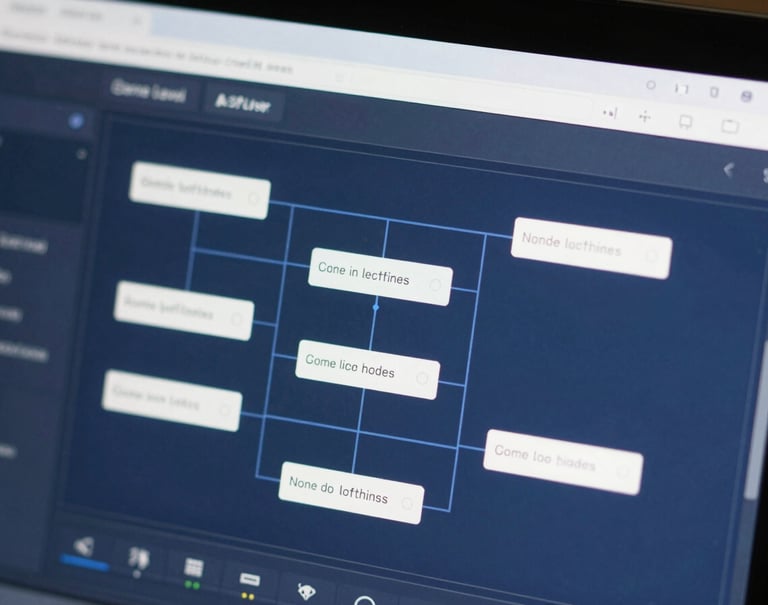 Close-up of a game level editor showing a node-based logic system, clean interface with slate blue (#3F516B) and off-white (#E0E8F0) accents, high-tech industrial aesthetic.
