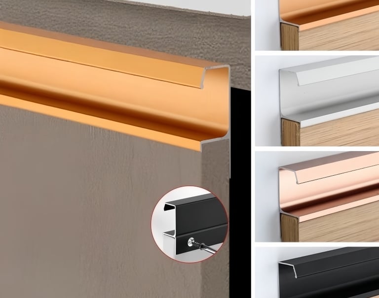 Metal wall to floor transition trim - decorative and functional edging strip available in copper, silver, rose gold, black fi