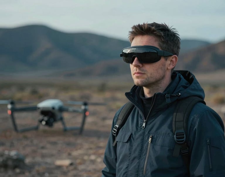 Behind-the-scenes shot of a drone pilot wearing FPV goggles, standing in a rugged landscape. The image uses a cinematic shallow depth of field, highlighting the pilot's concentration. Colors lean towards #415A77 and #1B263B.