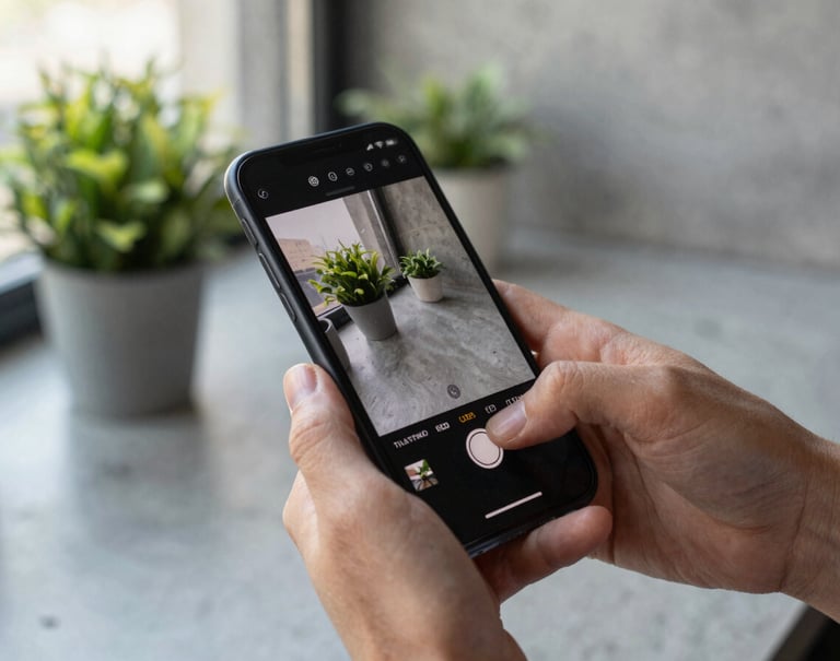 Detalle artístico de manos sosteniendo un smartphone de última generación mostrando un feed estético, fondo de concreto pulido y plantas verdes, iluminación natural de oficina creativa.