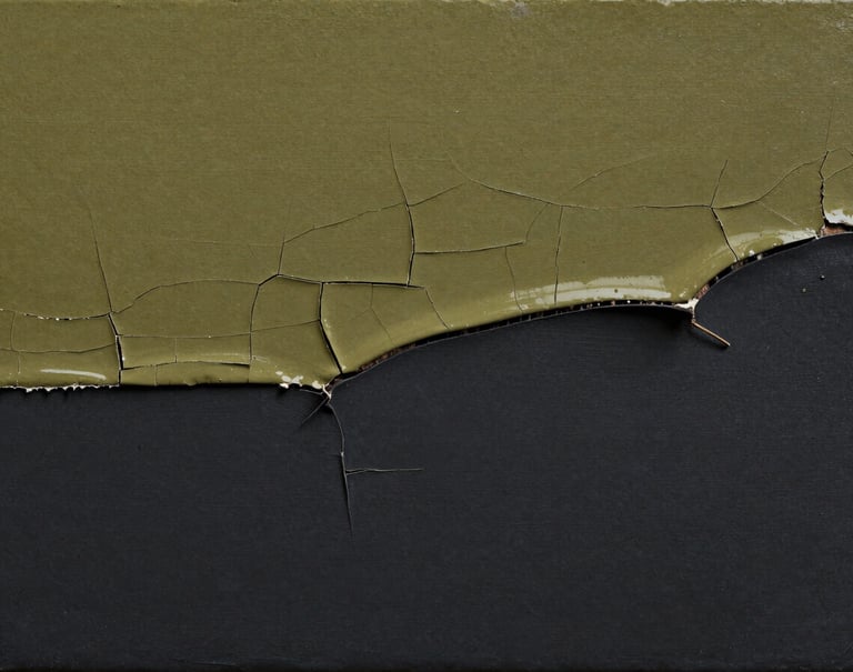 A macro photograph of a painting's surface, showing the intricate crackle and layering of thin glazes of olive charcoal over a solid deep charcoal base. The style is minimalist and clean, highlighting the artist's technical precision.