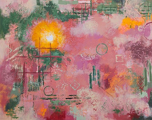 abstract in a variety of pink, coral, yellow, orange, green, and cream