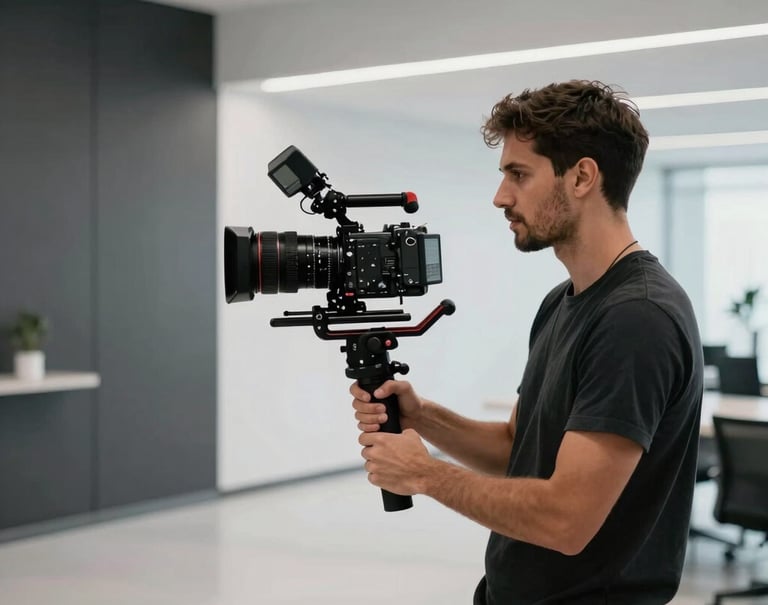 A professional filmmaker with a gimbal and high-end camera filming in a sleek, minimalist corporate lobby in South America. Dark grey and white tones, creative and dynamic composition, high-end professional production.