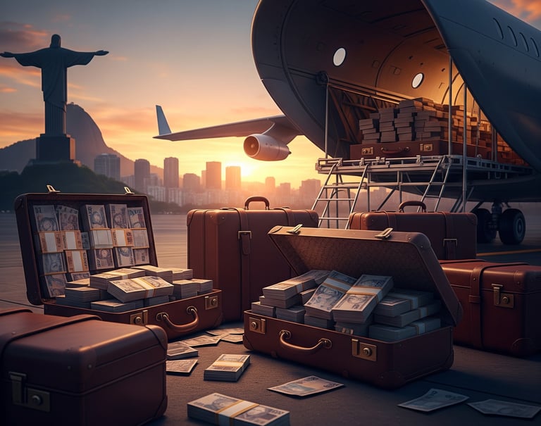 Imagem conceitual de malas de dinheiro saindo do Brasil.