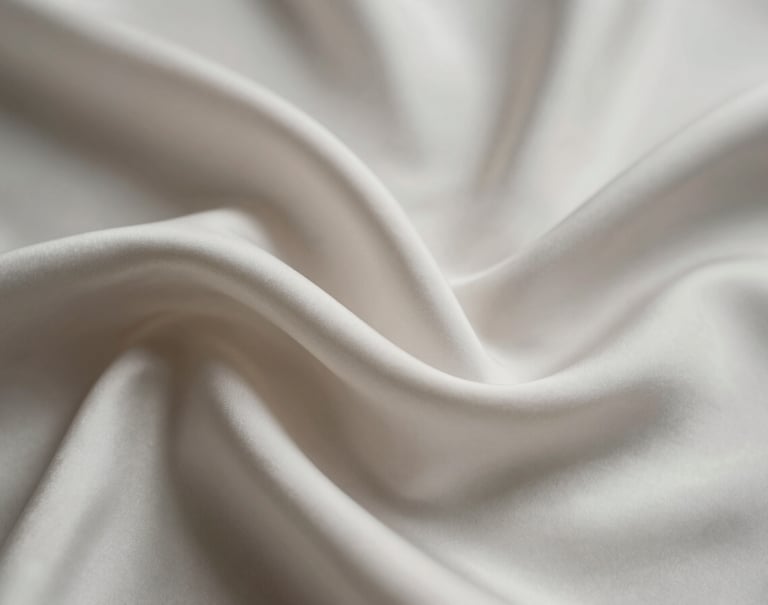 An artistic close-up of fine silk fabric flowing gracefully in motion, creating abstract shapes. The lighting is subtle, highlighting textures in a palette of #6B625E and #F5F4F0. The overall mood is one of creative, professional elegance.